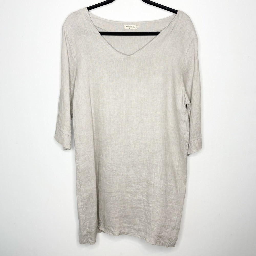 Alessia Pacini Italian Linen V-Neck Tunic Dress Oatmeal Beige Gray Womens Medium